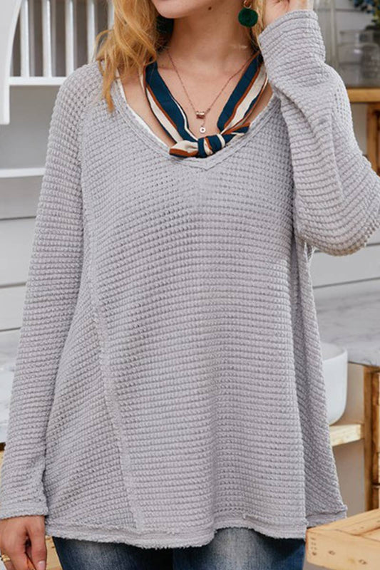 CWTTL1486_Casual V-Neck Loose Fit Long Sleeve Tops