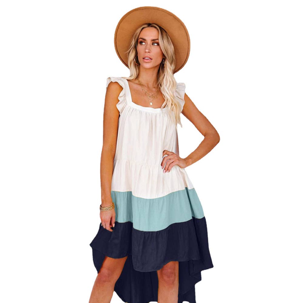 Bohemian-style two-tone square neck halter dress