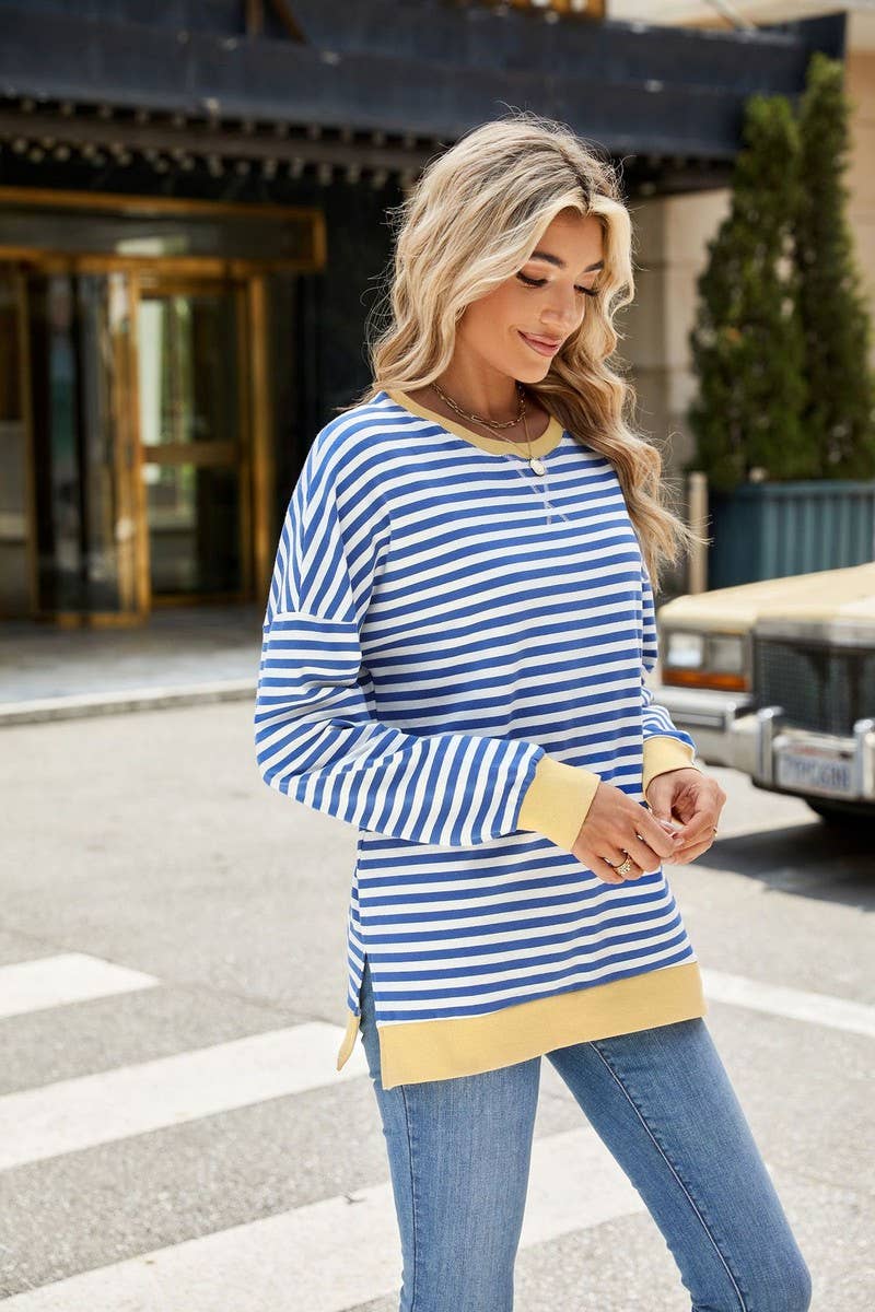 CWTBLL3746_CONTRAST COLOR SLIT LOOSE STRIPED SWEATSHIRT
