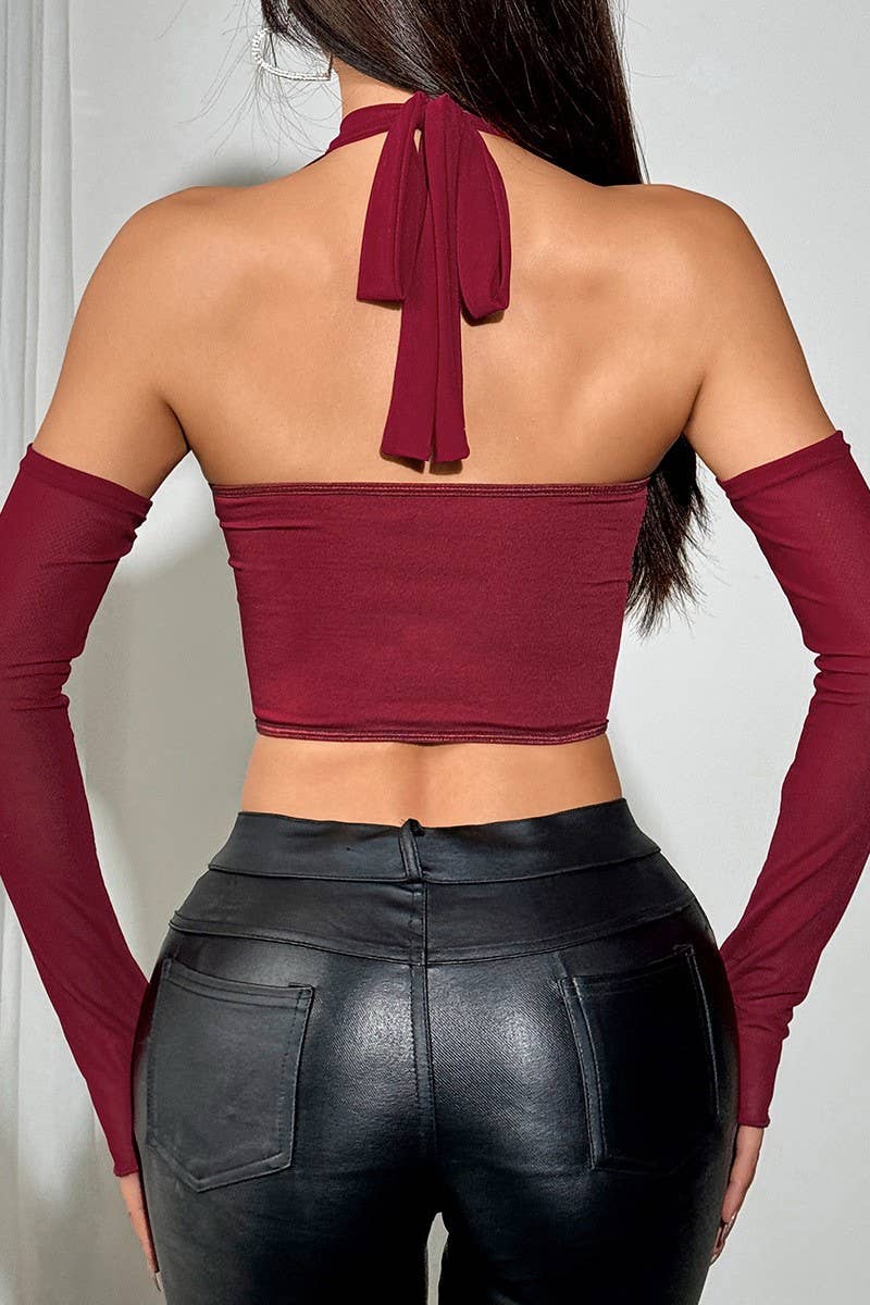 CWTBLL3640_PU LEATHER STITCHING SLEEVE HALTER NECK TOP