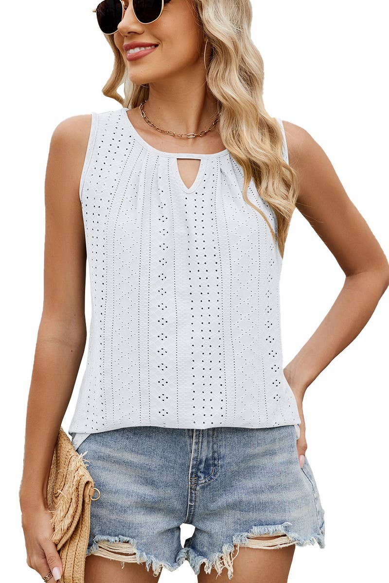 CWTTSL0316_SUMMER ROUND NECK HOLLOW PLEATED VEST T-SHIRT
