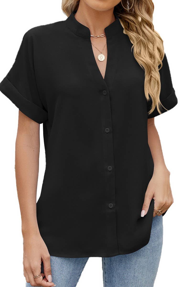 CWTBLS1797_SUMMER SOLID COLOR V-NECK LOOSE BUTTON SHIRT