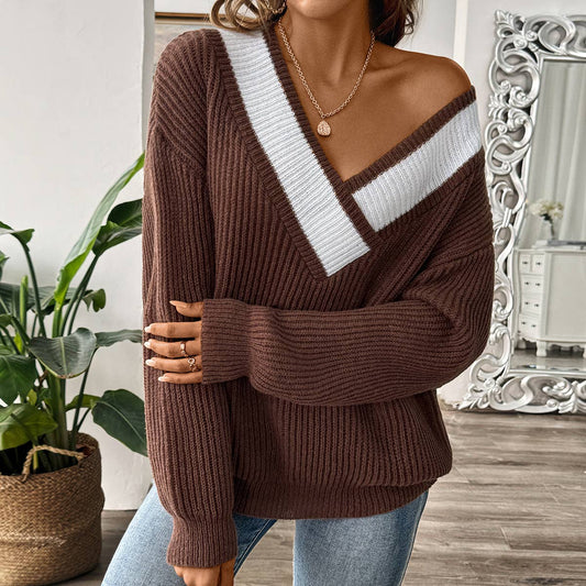 COLOR CONTRAST PATCHWORK V-NECK PULLOVER SWEATER