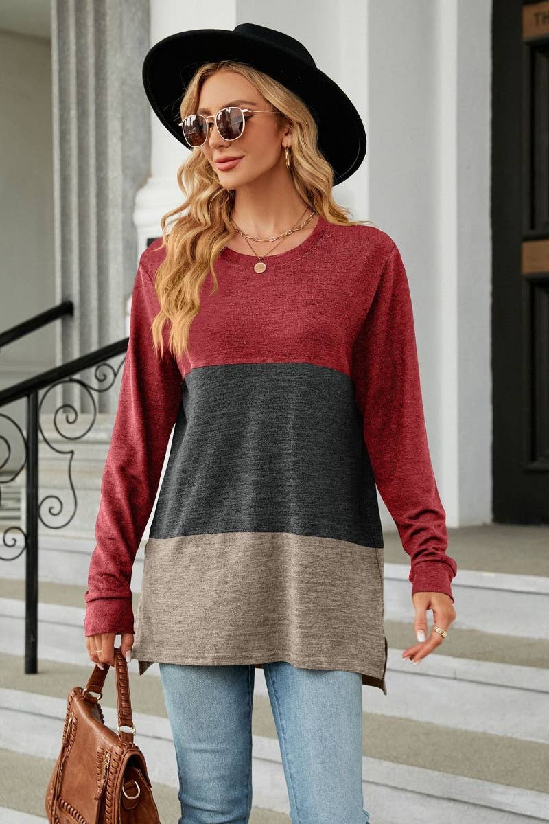 CWTBLL2818_CREW-NECK COLOR MATCHING LONG-SLEEVED TOP
