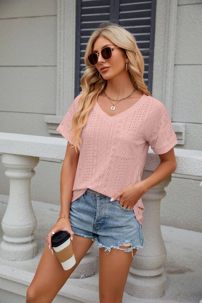 CWTTS0827_V-Neck Short Sleeve Knit Top