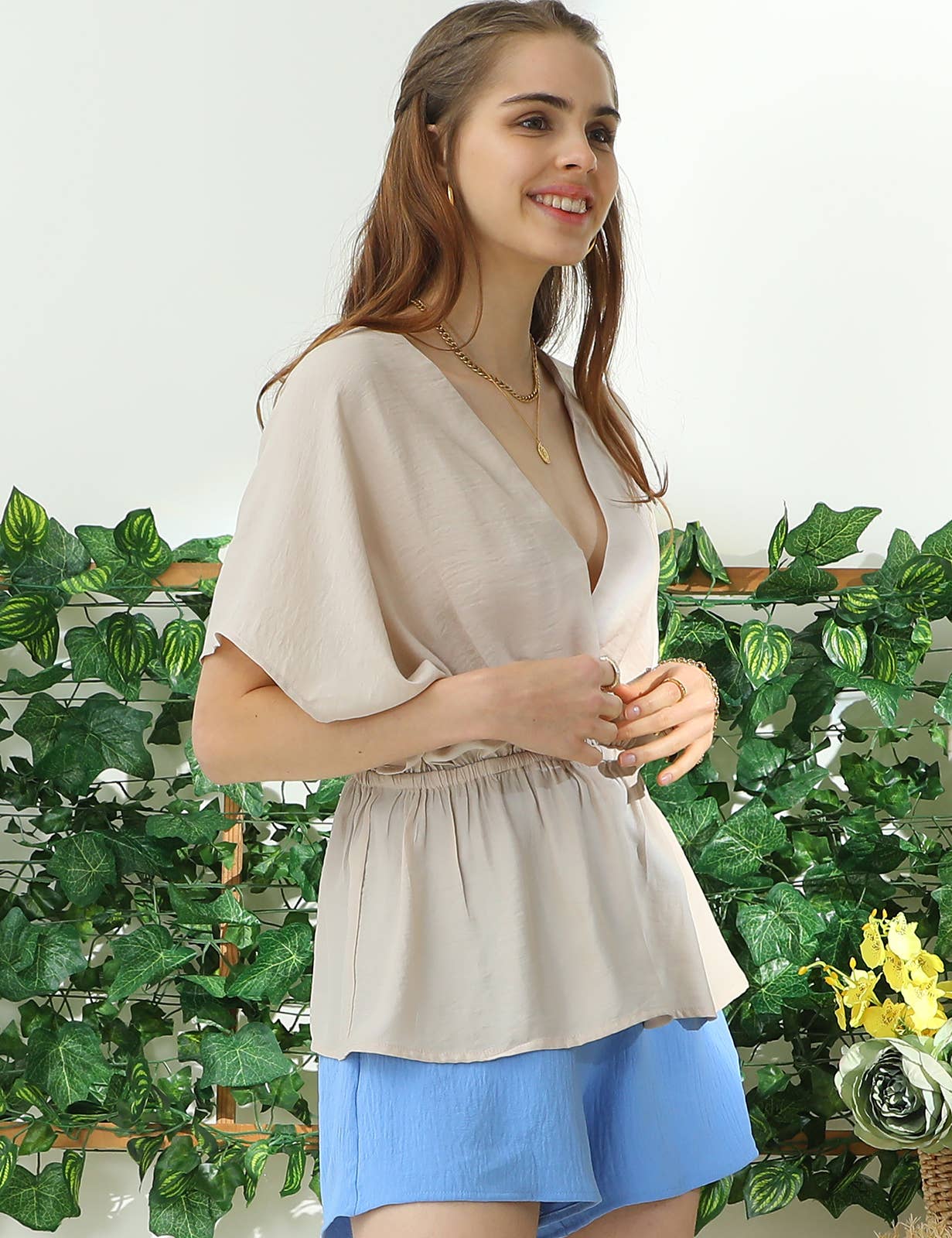 CWTBLS205_V NECK BATWING SLEEVE SLIK BLOUSE TOP