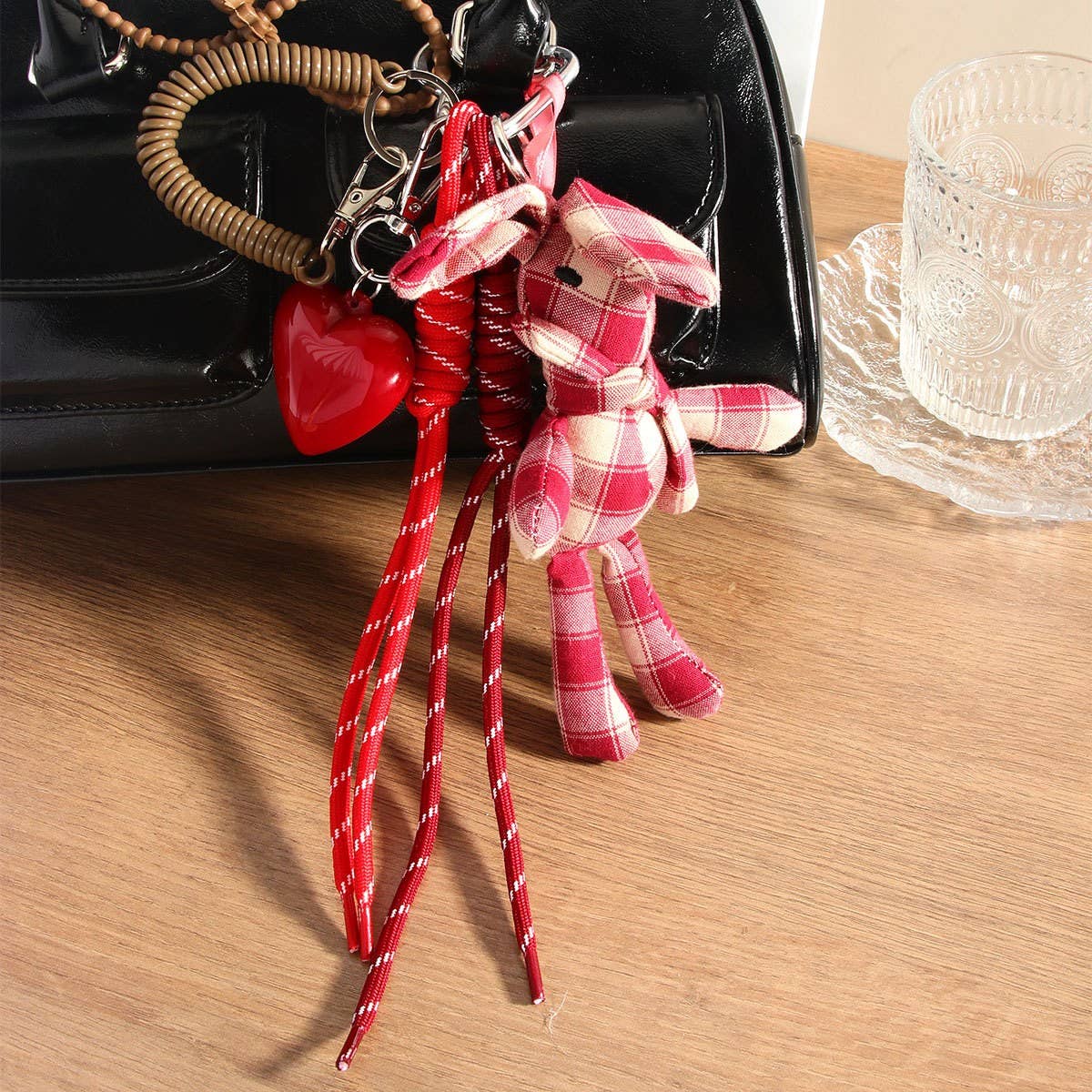 Plaid Bunny Keychain with Resin Heart Charm_CWMM7637