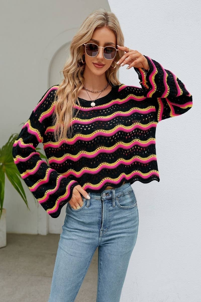 CWOSWL603 Flare Sleeved Round neck Hollowed Out Sweater