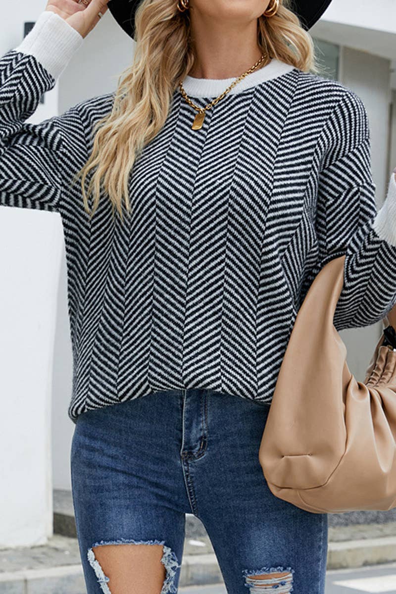 CWTTL1074 Striped Round Neck Knitted Panel Pullover Sweater