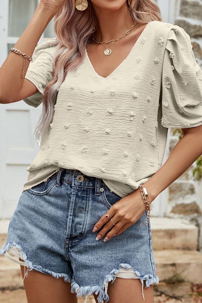 CWTBLS0358_V-Neck Short Puff Sleeve Blouse