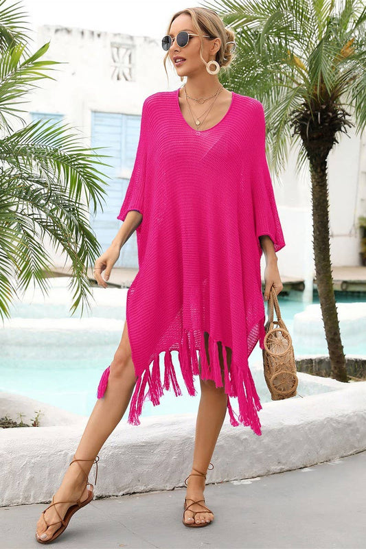 CWOSWS0029_ Long Slv V-Neck Pullover Fringe Tassel Sweater