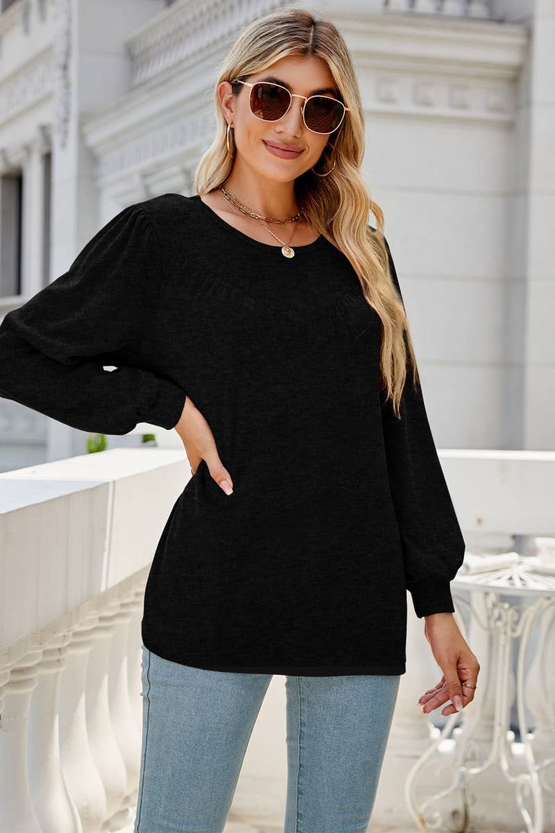 CWTBLL3690_LOOSE CREW NECK CASUAL PLEATED TOP