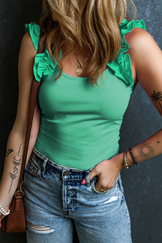 CWOV0438_SUMMER SLEEVELESS TRIM TANK TOP WITH RUFFLES