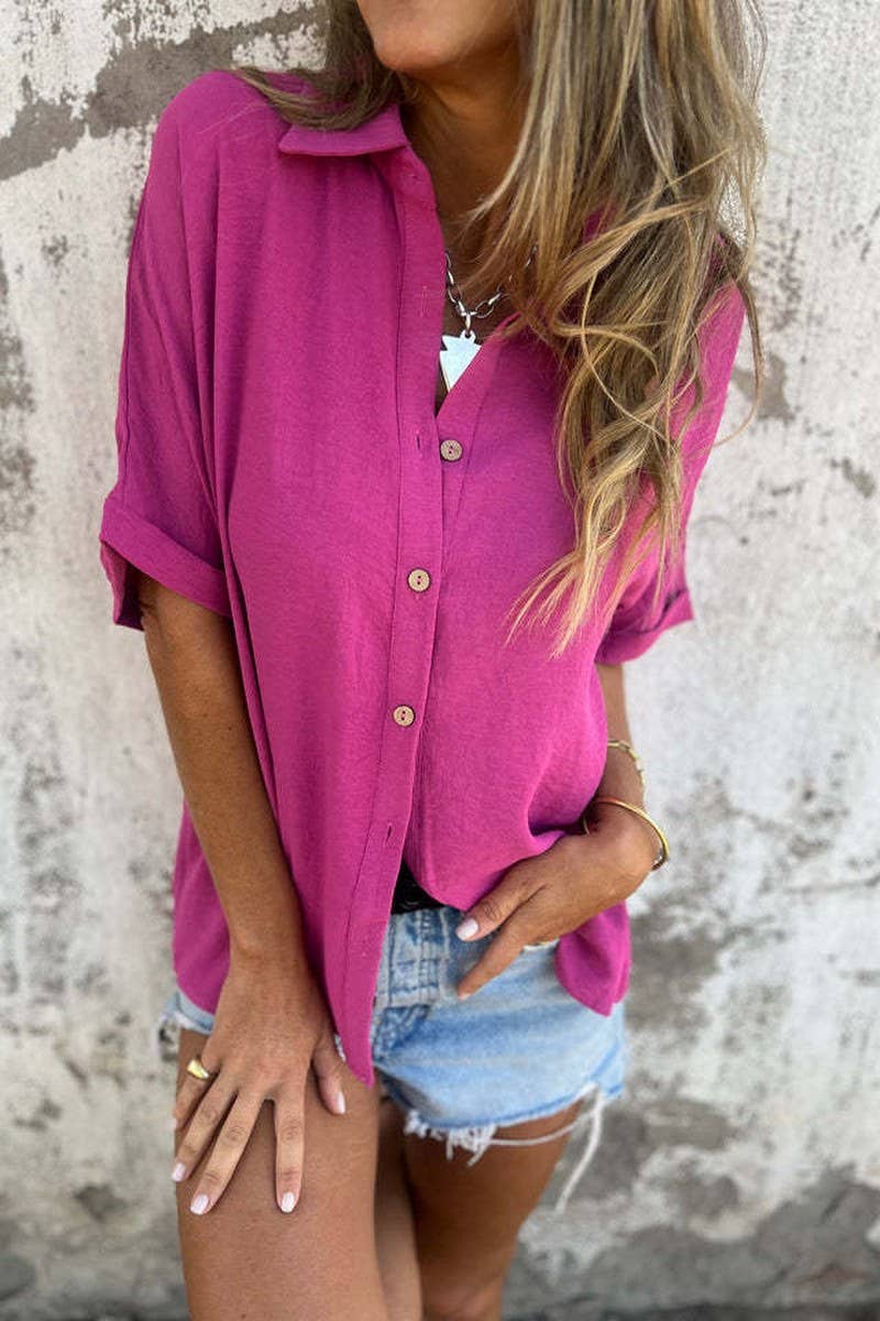 CWTBLS2329_SOLID CASUAL COLLARED BUTTON SHORT SLEEVE SHIRT