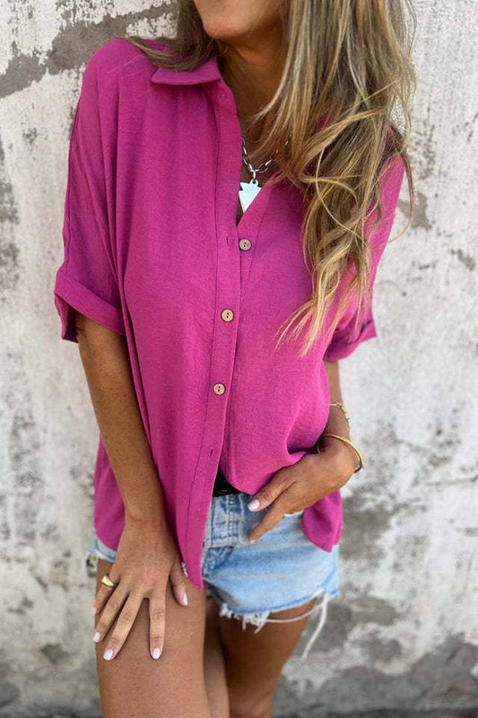 CWTBLS2329_SOLID CASUAL COLLARED BUTTON SHORT SLEEVE SHIRT