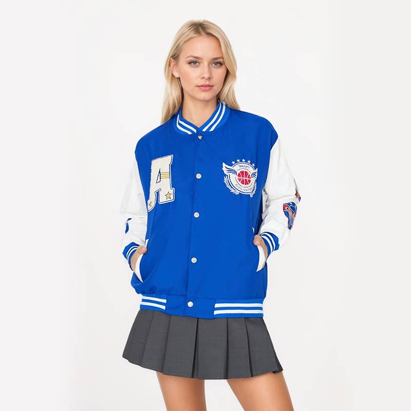 COLOR CONTRAST LETTER PRINT BASEBALL JACKET