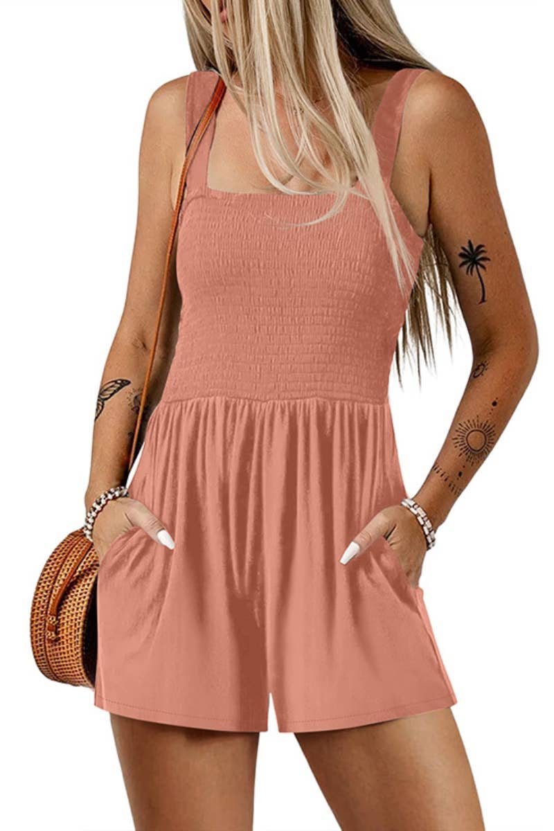 CWSJS1069_SLEEVELESS SQUARE NECK HIGH-WAISTED ROMPER SHORT