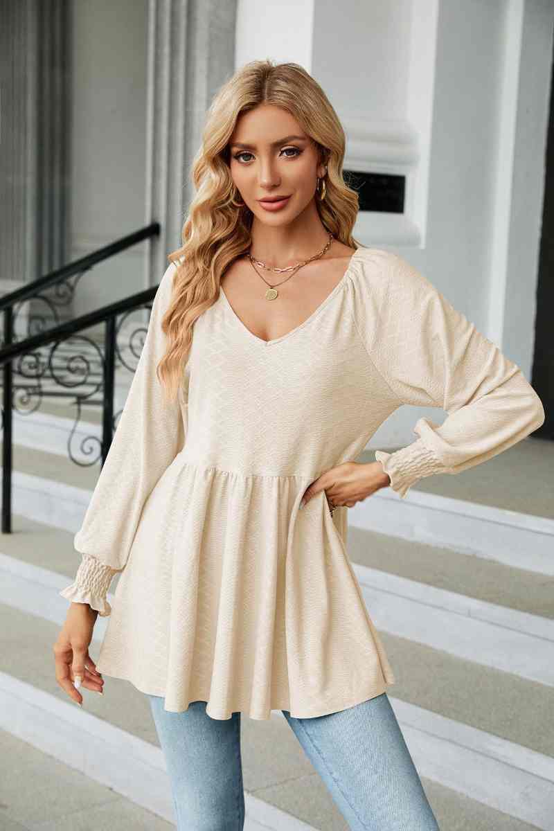 CWTBLL2836_V-NECK LONG SLEEVE PATCHWORK DRESS TOP