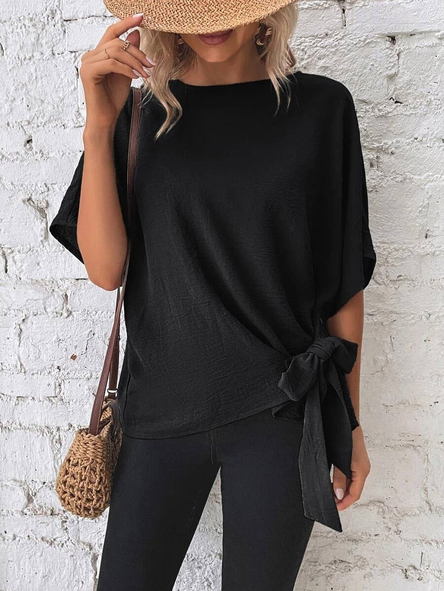 BATWING SLEEVED HEM KNOT LOOSE BLOUSE