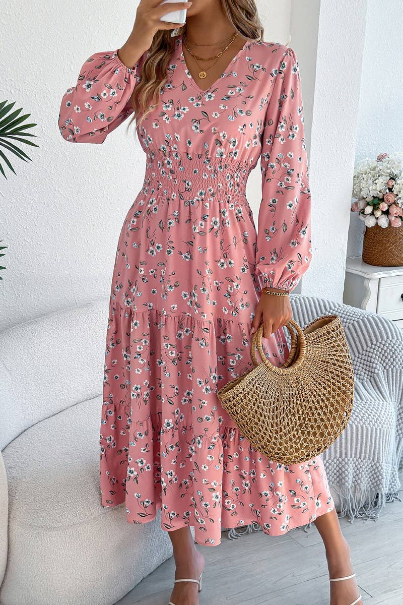 CWDMD6028_FLORAL V-NECK LONG SLEEVE RUFFLE WAIST DRESS