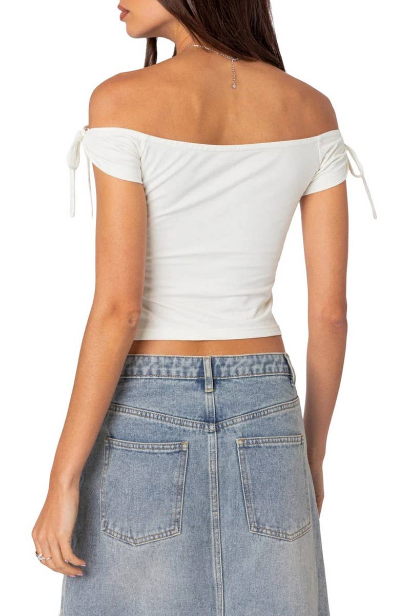 CWTBLSL0931_OFF SHOULDER SLEEVELESS TIE FRONT SEXY TOP