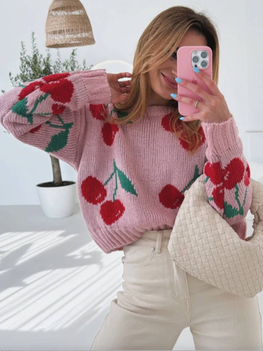 Cherry jacquard loose long sleeve knitted sweater