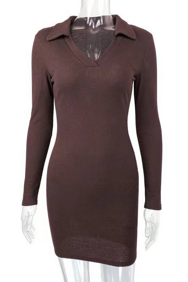 CWDSD7461_LAPEL RIBBED KNIT LONG SLEEVE BOTTOMING DRESS