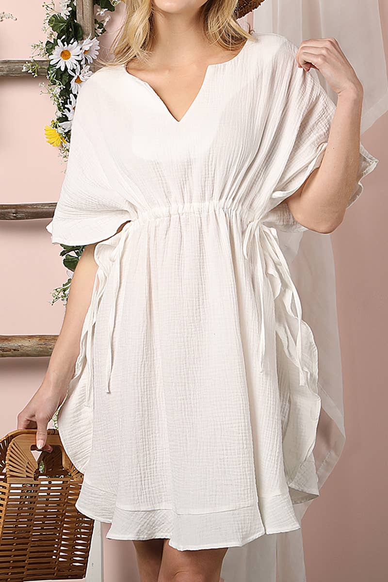 CWDSD10360_DRAWSTRING WAIST SOFT COTTON RUFFLE HEM DRESS