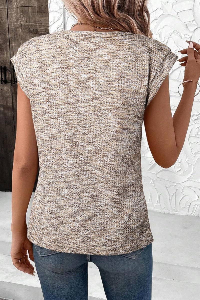 CWTBLS2295_WAFFLE KNIT CREW NECK SHORT SLEEVE TOP