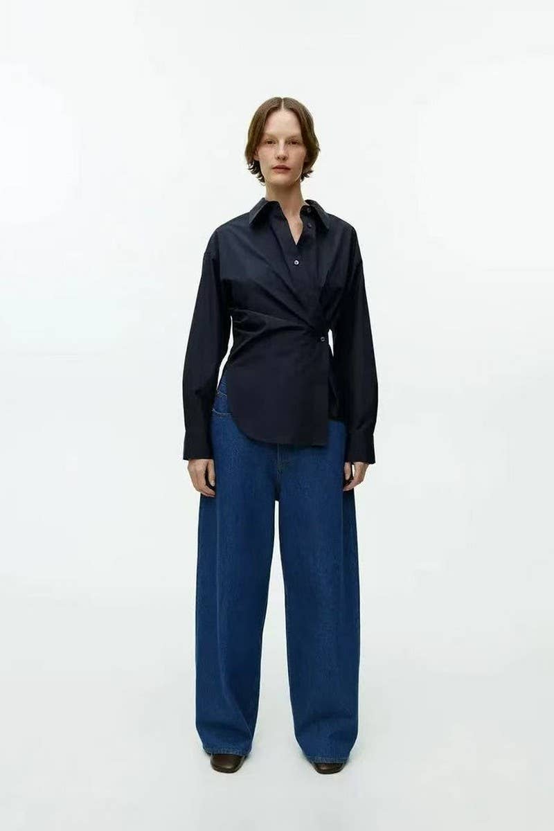 CWTSTL2880_SLIM FIT LONG SLEEVE SOLID WAIST-DETAIL SHIRT