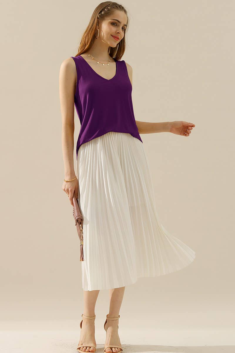 CWTTSL168_V NECK WIDE SLEEVELESS SOLID TEE SHIRTS TOPS