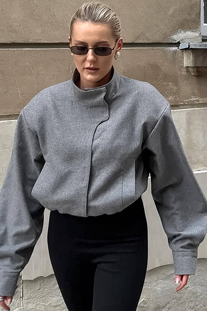 CWOCO1115_GREY SHORT WOOLEN COAT WITH SMALL STAND COLLAR