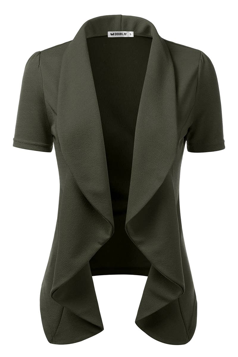 CWOBL095_Short Sleeve Open Front Draped Ruffles Blouses