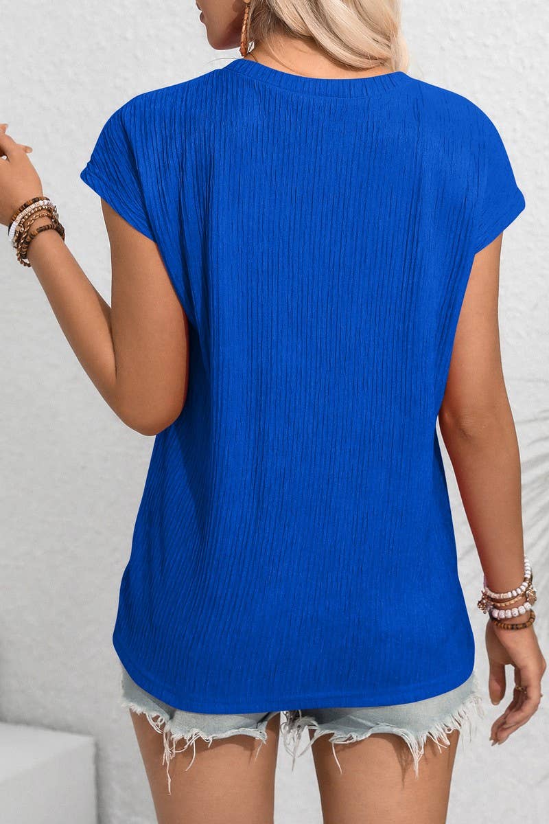 CWTBLS1603_ROUND NECK SOLID COLOR POCKET SHORT SLEEVE TOP