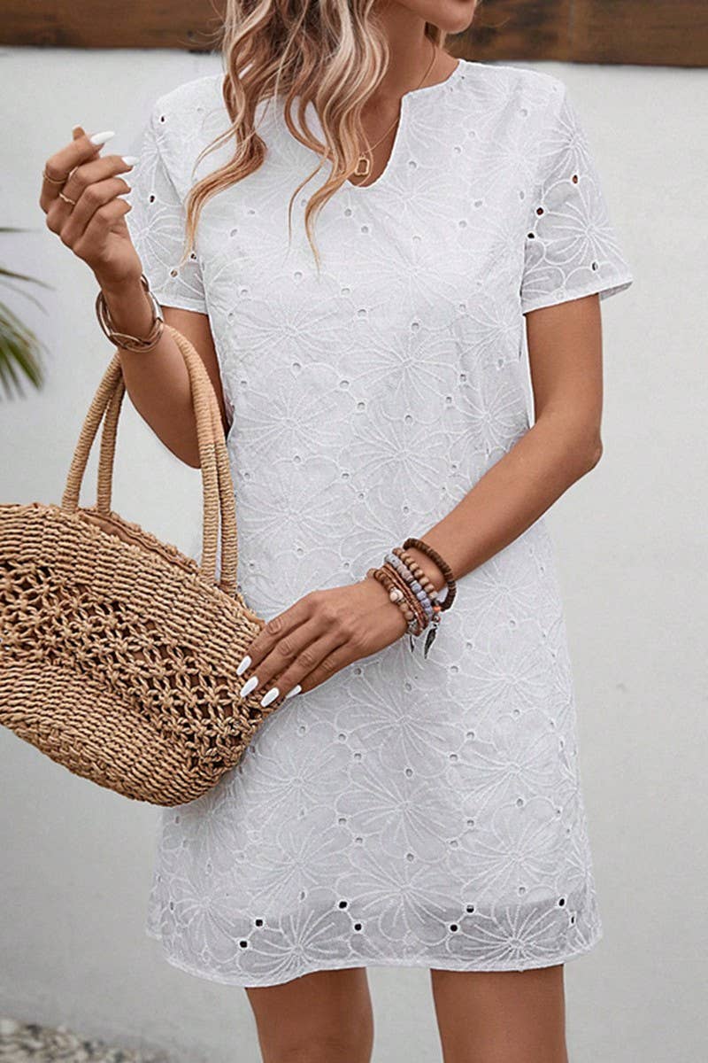 CWDSD8222_SUMMER V-NECK HIGH WAIST SOLID COLOR HOLLOW DRESS