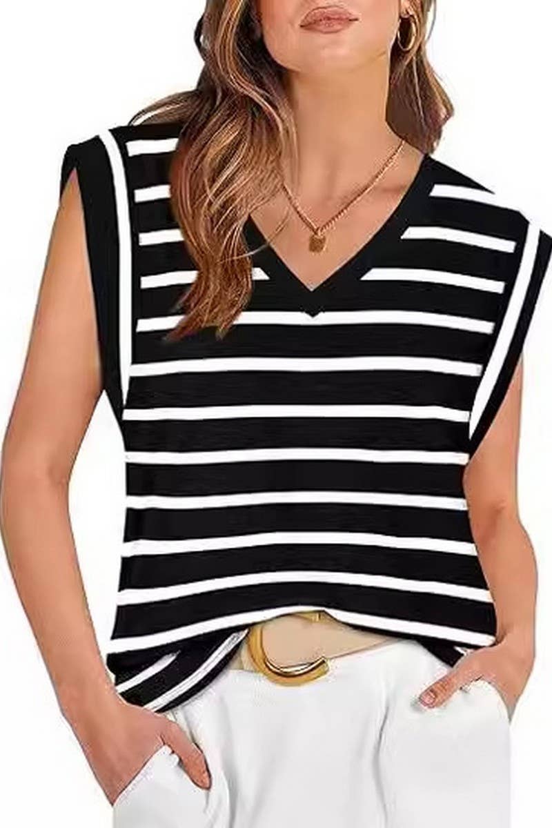 CWTTS1089_V-NECK STRIPED RAGLAN SLEEVE CASUAL T-SHIRT
