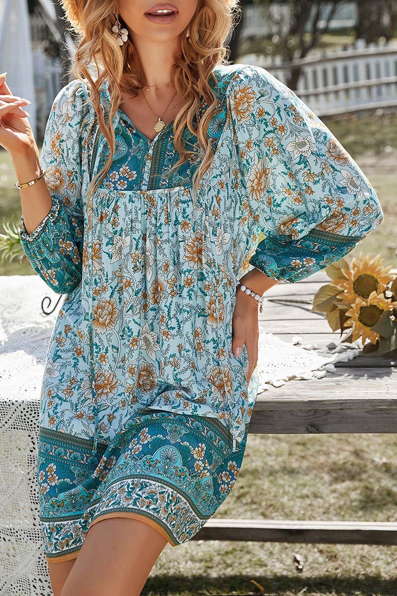 CWDSD10494_CONTRAST COLOR TIE THREE-QUARTER SLEEVE DRESS