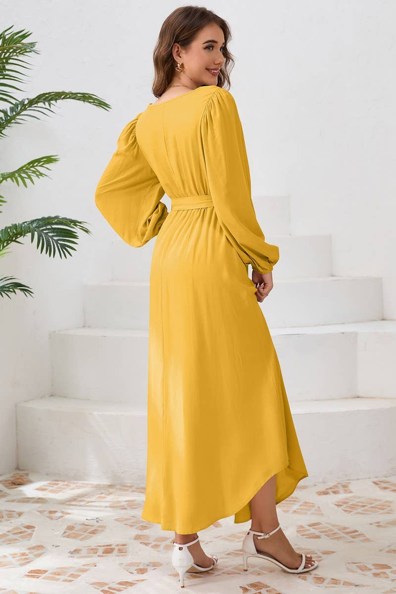 CWDMD4001_ROUND NECK TIE BUBBLE LONG SLEEVE DRESS