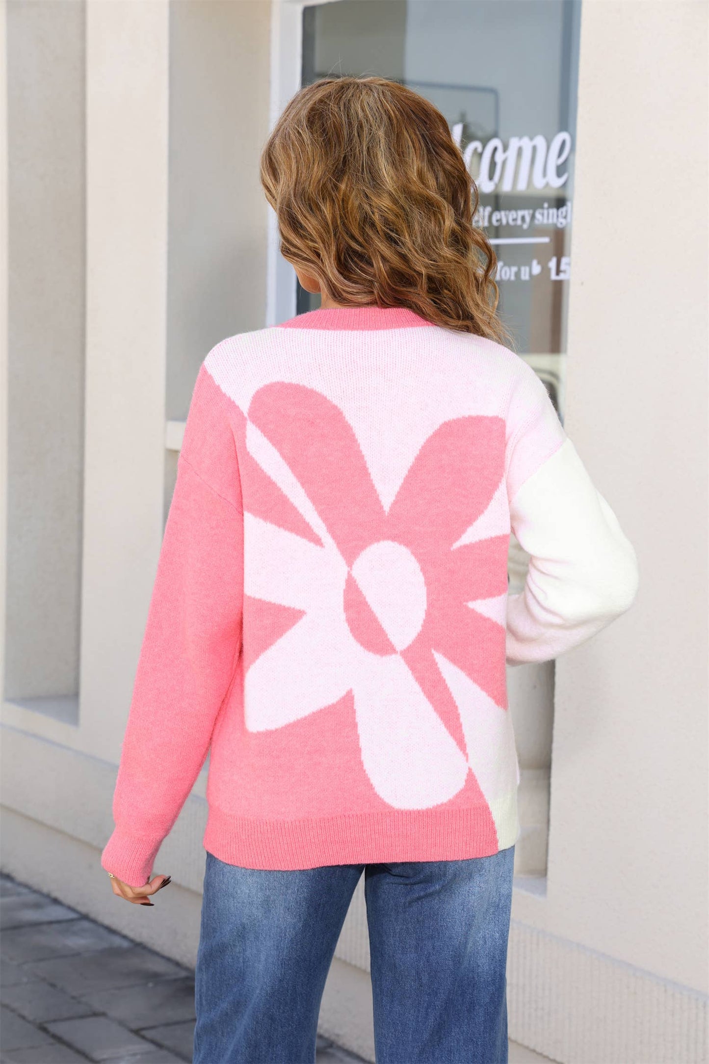 Floral color-blocking knitted pullover sweater