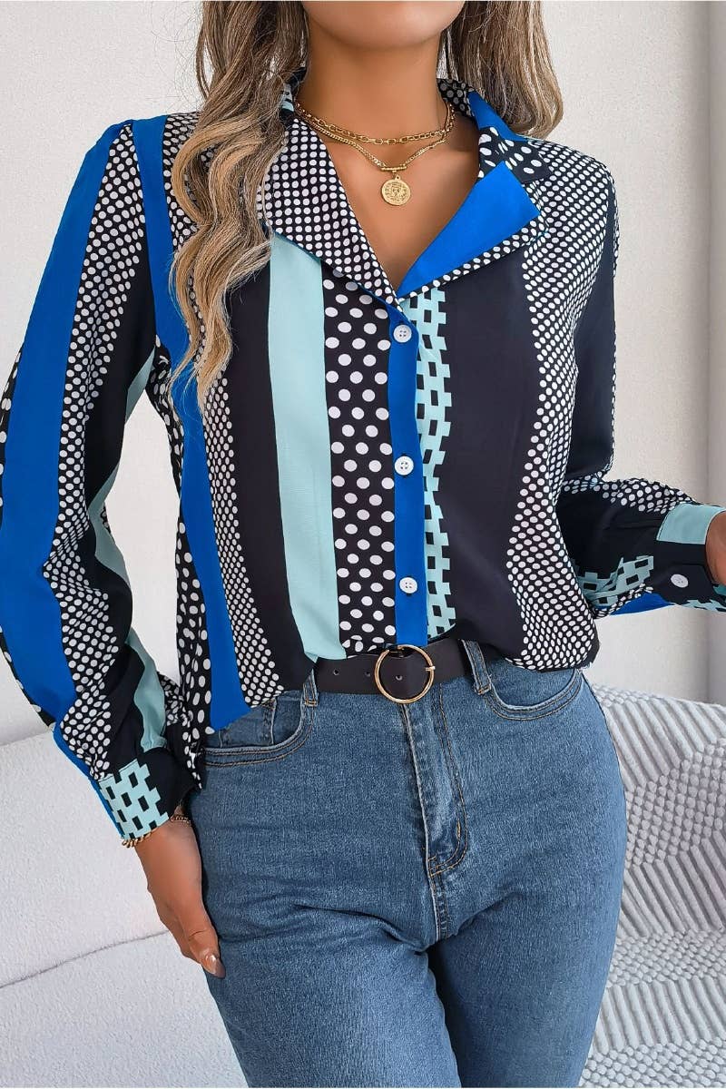 CWTSTL1204_SUMMER POLKA DOT SUIT COLLAR LONG SLEEVE SHIRT