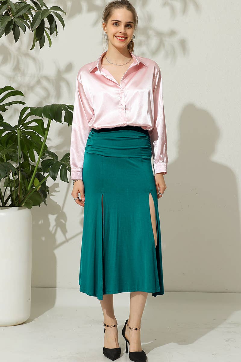 CWBLS120-P_PLUS SIZE HIGH WAIST SHIRRED FLOUNCE MAXI SKIRTS