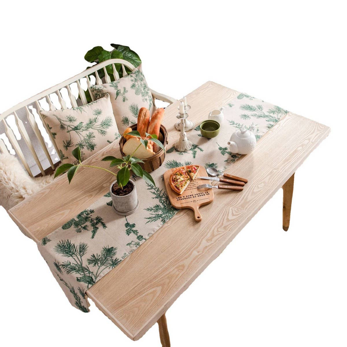 GREEN PINE CONE PRINTED FABRIC LONG TABLECLOTH