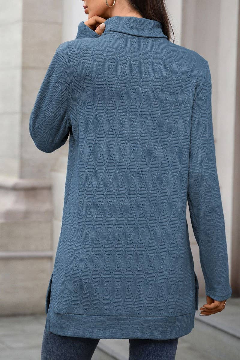 CWTBLL01289_HIGH NECK SOLID KNIT SPLIT HEM LONG SLEEVE TOP