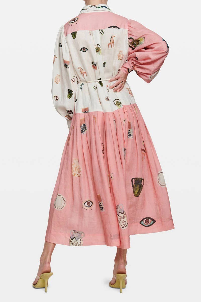 CWDMD5727FASHIONABLE LONG-SLEEVED PUFF SLEEVES TIE-UP DRESS