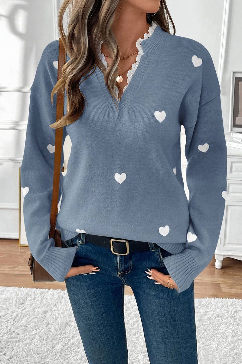 CWOSWL07115_V-NECK HEART-PRINT VALENTINE'S DAY SWEATER