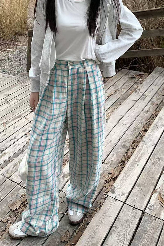 CWBLP2081_PLAID HIGH WAIST LOOSE DOPAMINE LOUNGE PANTS