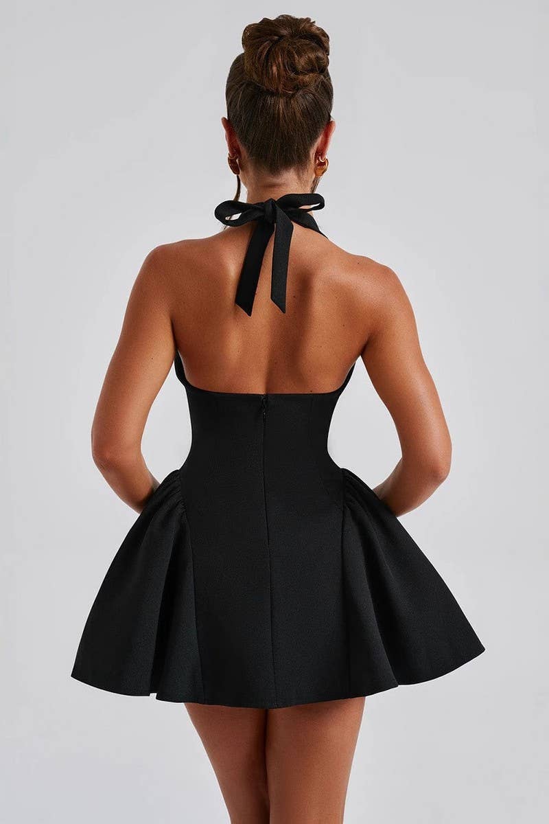 CWDSD8120_SOLID HALTER DEEP V NECK SLEEVELESS BODYCON DRESS