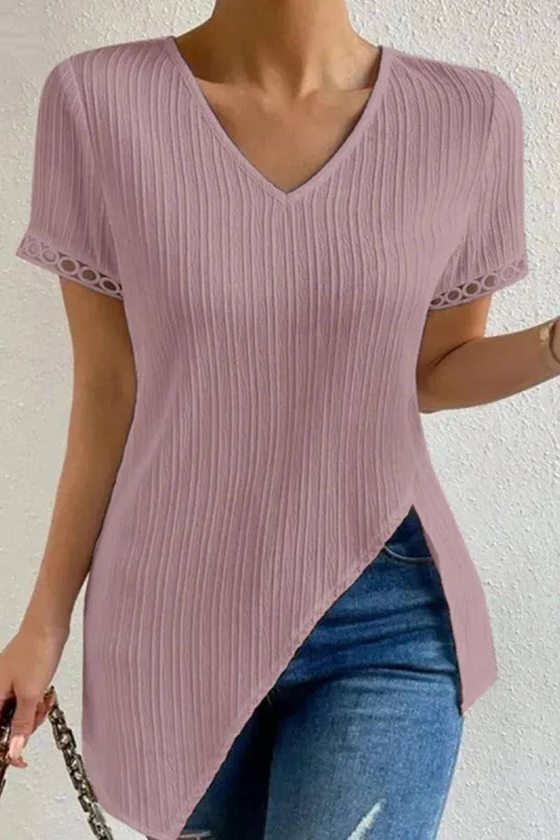 CWTBLS1360_SOLID COLOR LACE V-NECK SHORT-SLEEVED TOP