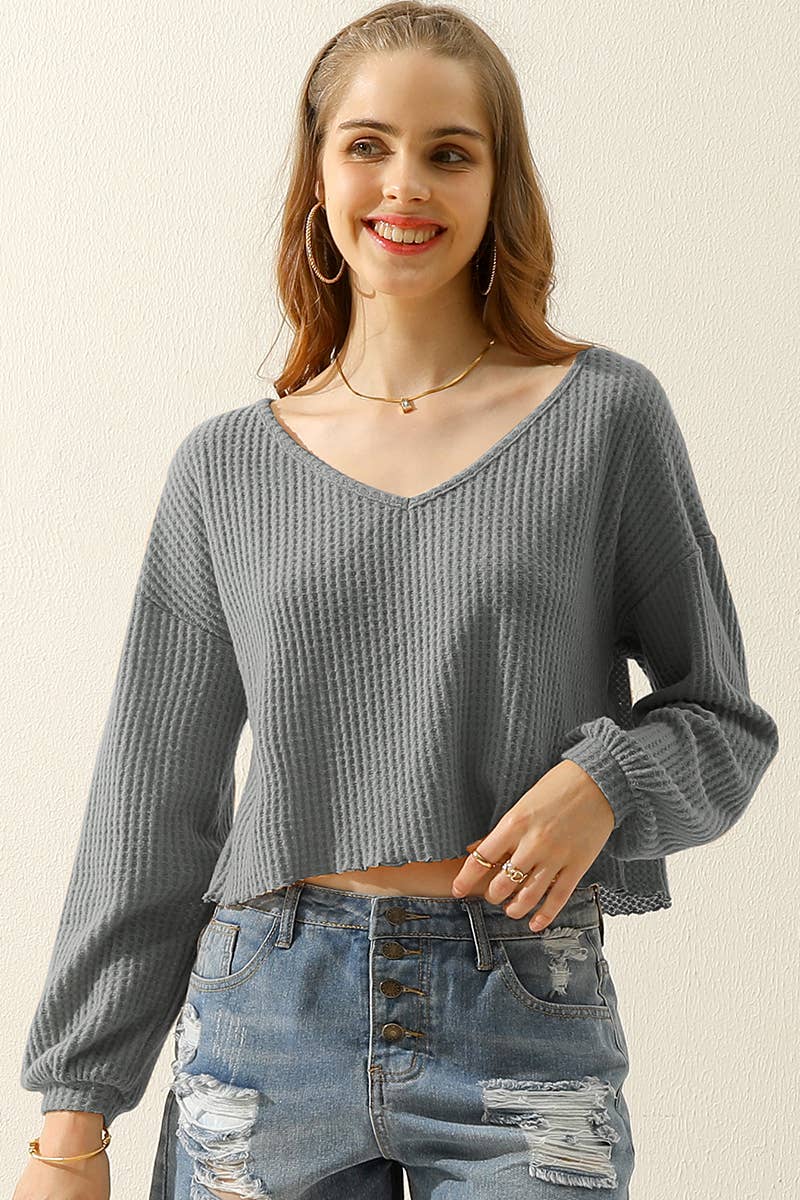 CWTTL1469_V-Neck Long Sleeve Knit Top
