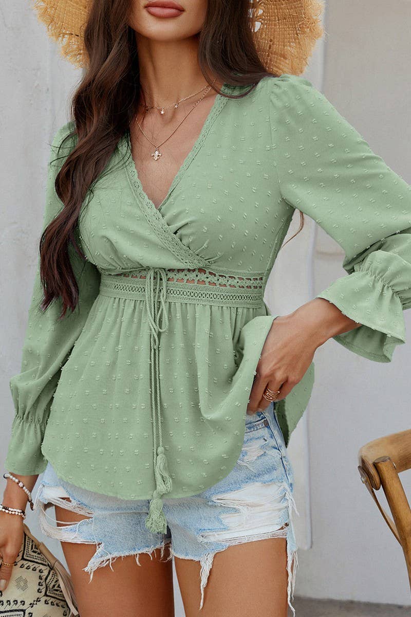 CWTBLL3592_V-NECK SOLID COLOR TIE WAIST TOP SHIRT